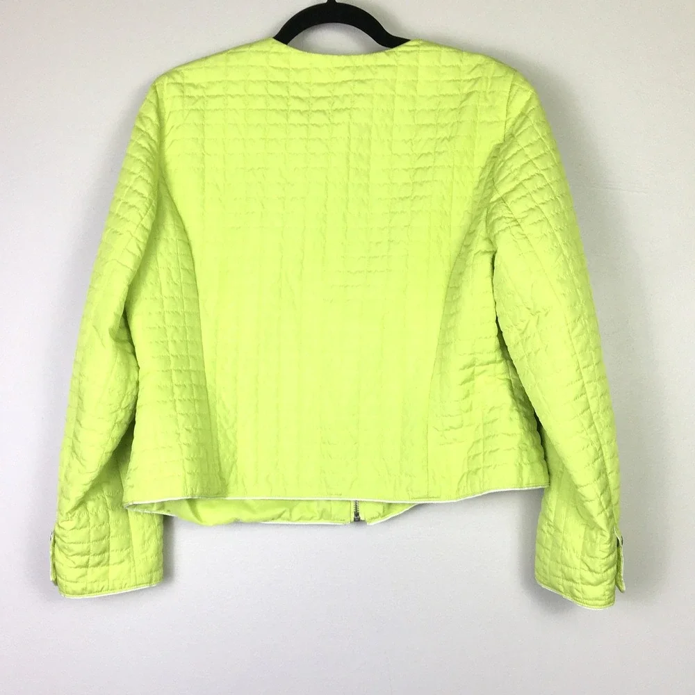 Chico's Quilted Jacket Womens 2 Large‎ Neon Lime Green Excellent Full Zip Pocket